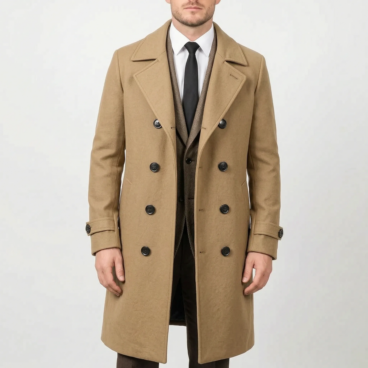 Men's long double-breasted coat with wide lapels and button front