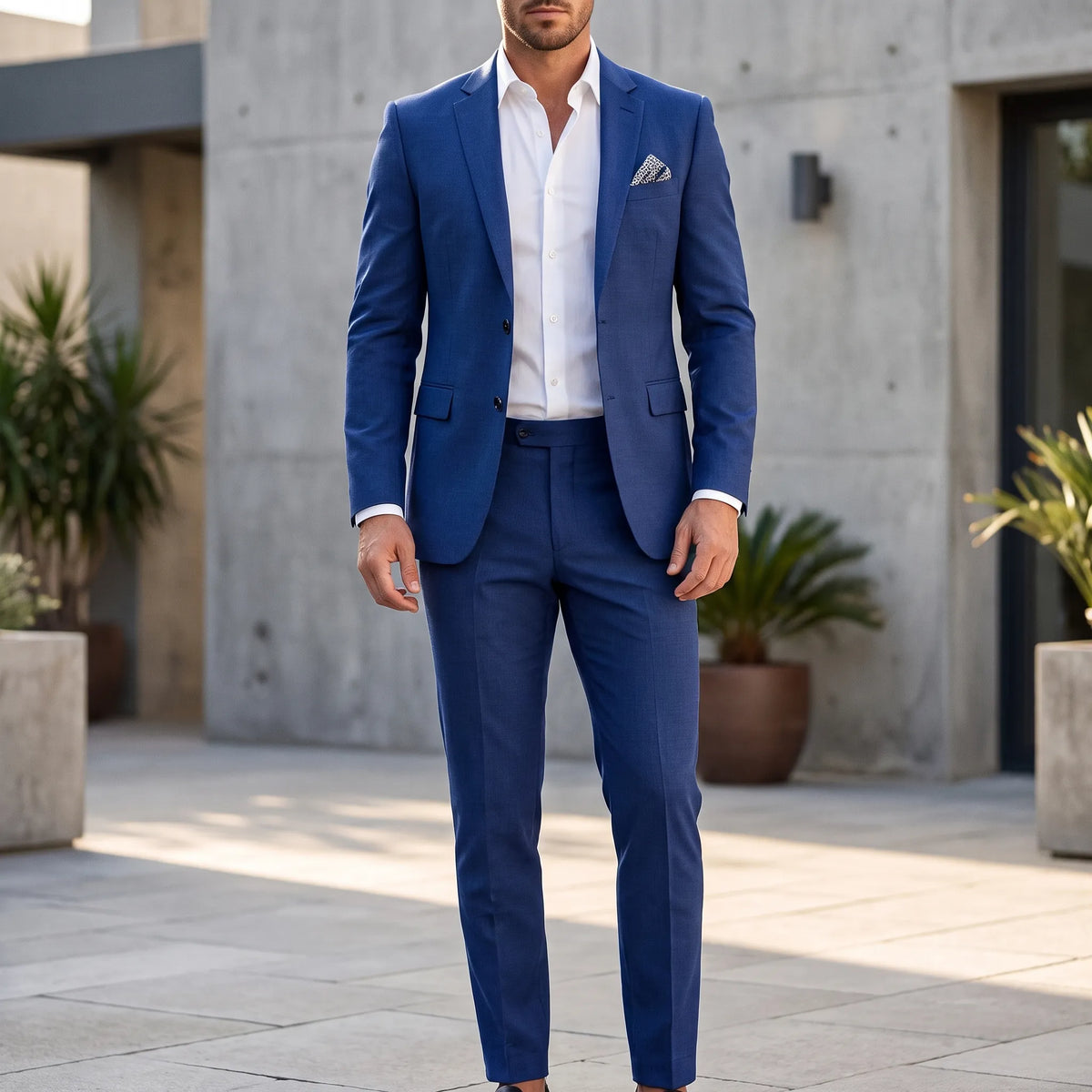 Men's slim fit two-piece suit with notch lapel blazer and matching trousers