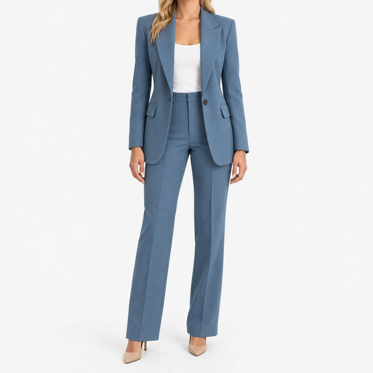 Women's tailored wide-leg trouser suit with notched-lapel blazer