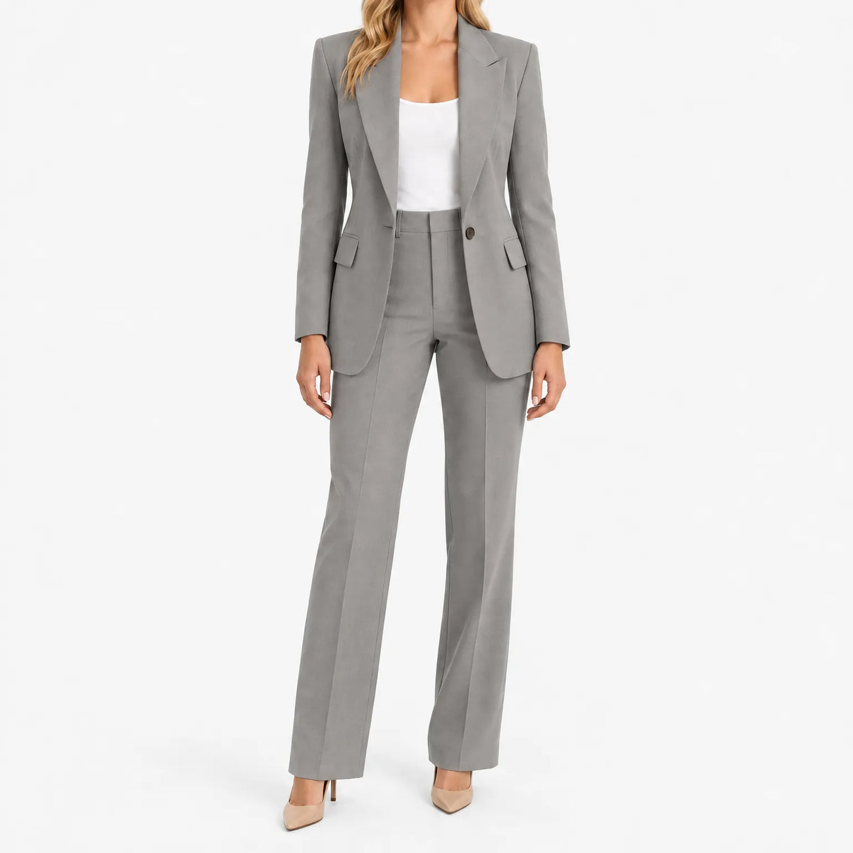 Women's tailored wide-leg trouser suit with notched-lapel blazer