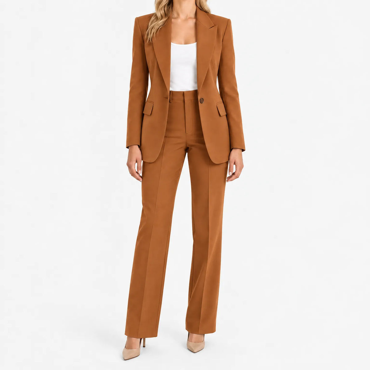 Women's tailored wide-leg trouser suit with notched-lapel blazer
