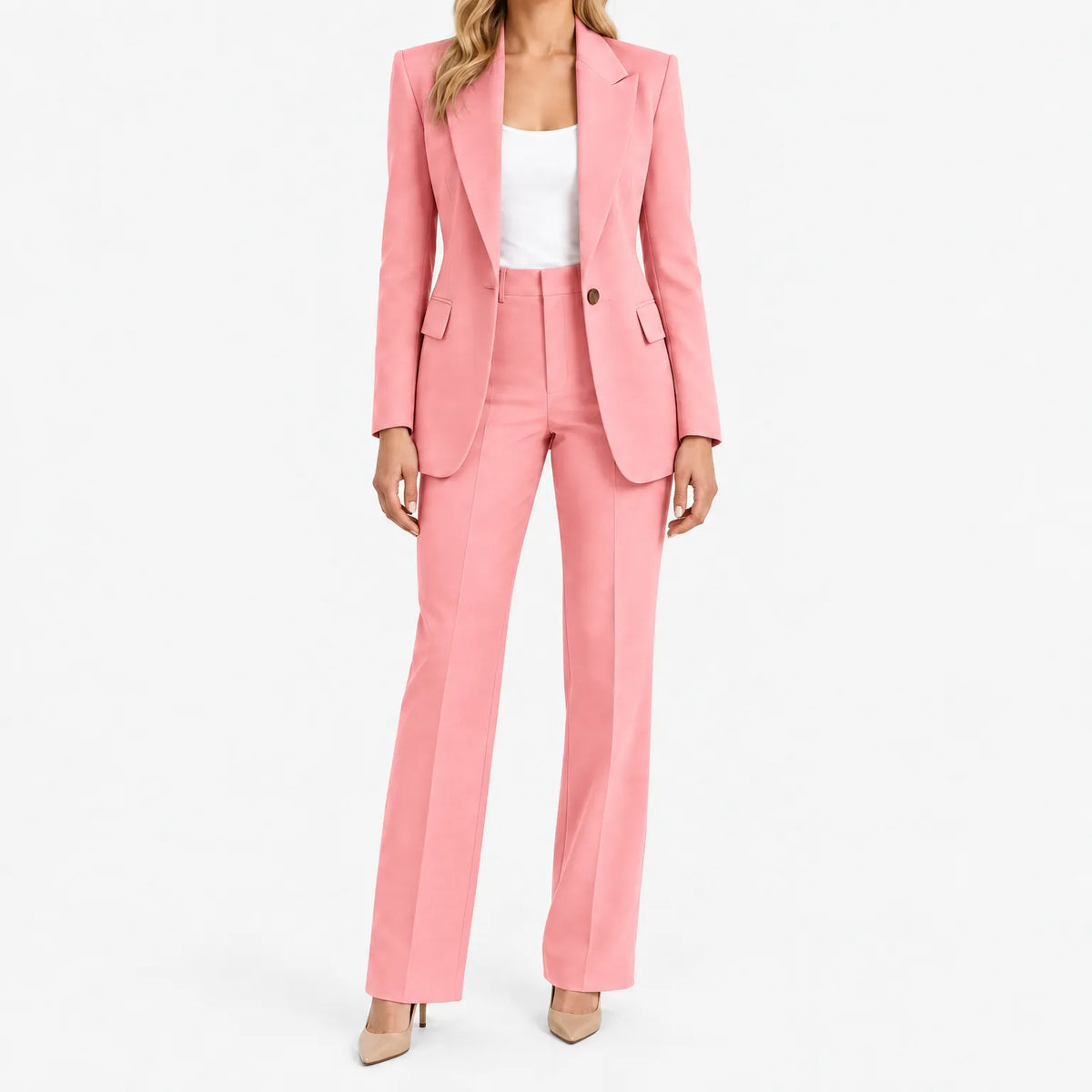 Women's tailored wide-leg trouser suit with notched-lapel blazer