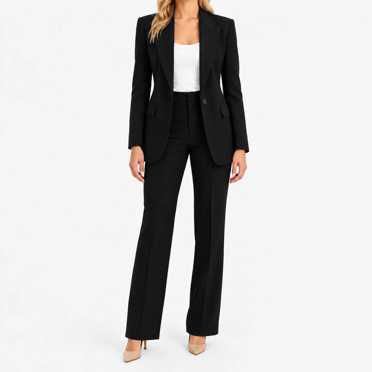 Women's tailored wide-leg trouser suit with notched-lapel blazer