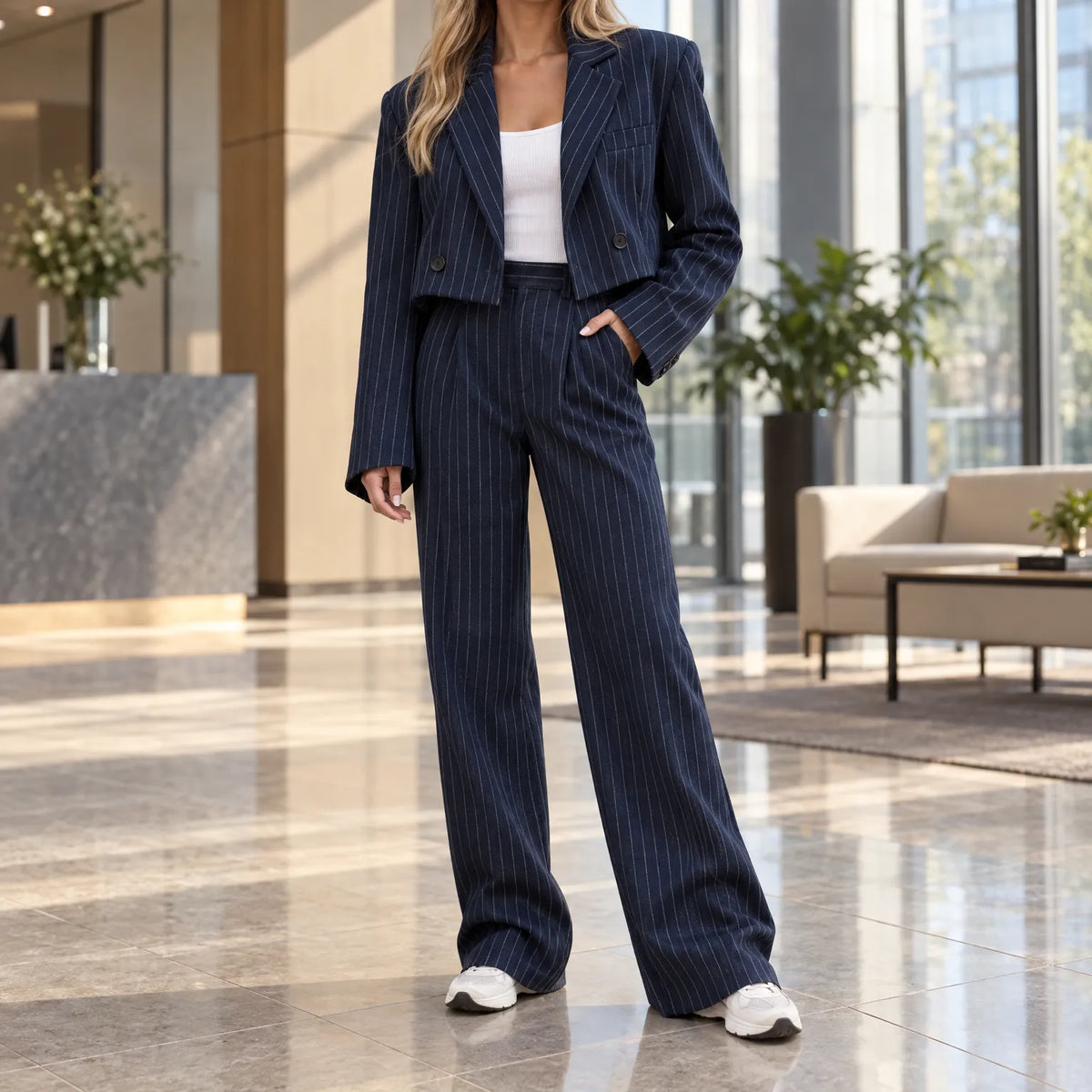 Women's pinstripe trouser suit with cropped blazer and wide-leg trousers