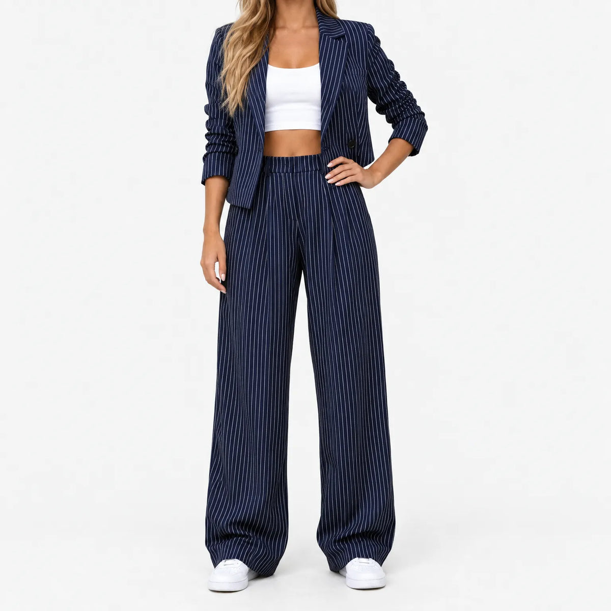 Women's pinstripe trouser suit with cropped blazer and wide-leg trousers