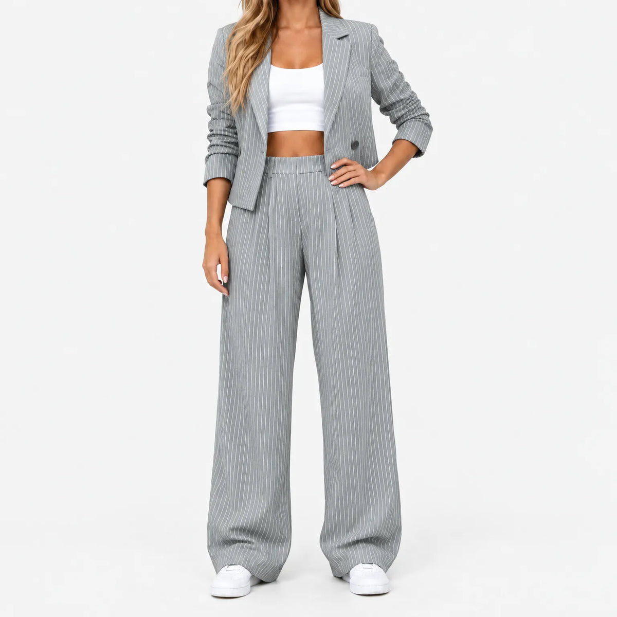 Women's pinstripe trouser suit with cropped blazer and wide-leg trousers