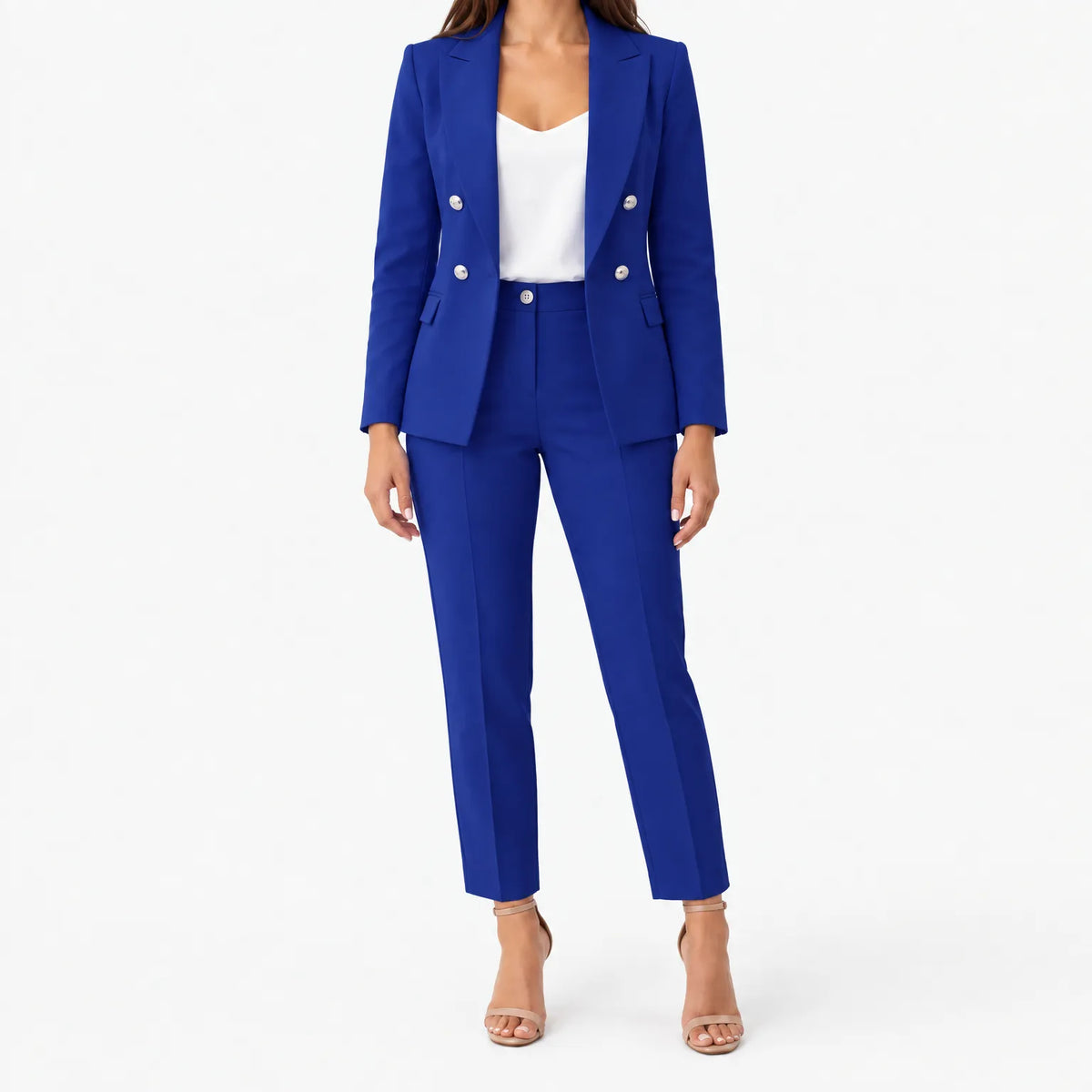 Women's double-breasted trouser suit with notch-lapel blazer and straight-leg trousers