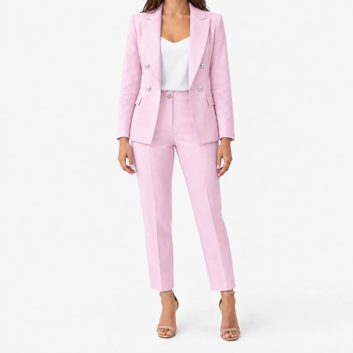 Women's double-breasted trouser suit with notch-lapel blazer and straight-leg trousers