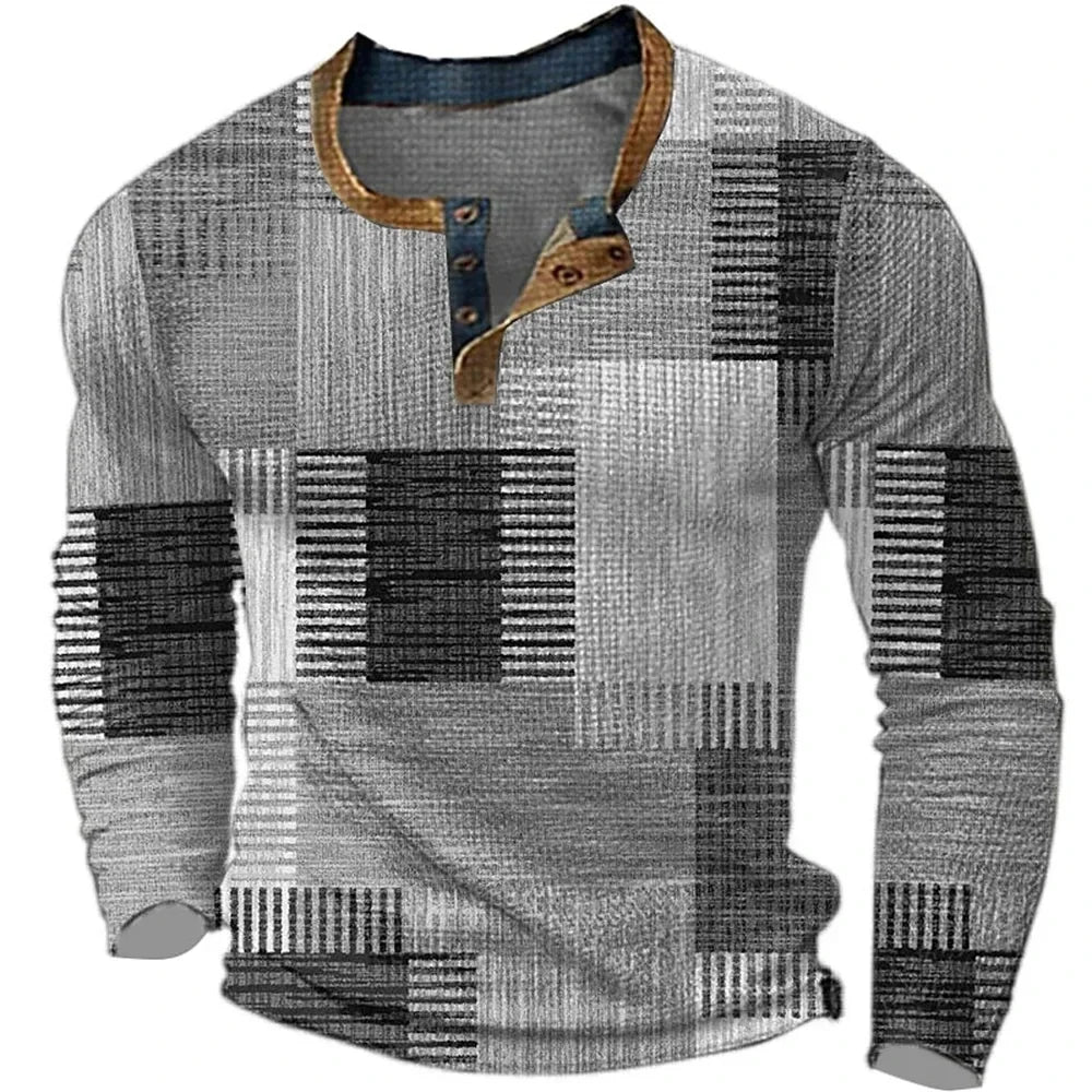 Men's long-sleeve geometric patchwork Henley shirt with button placket