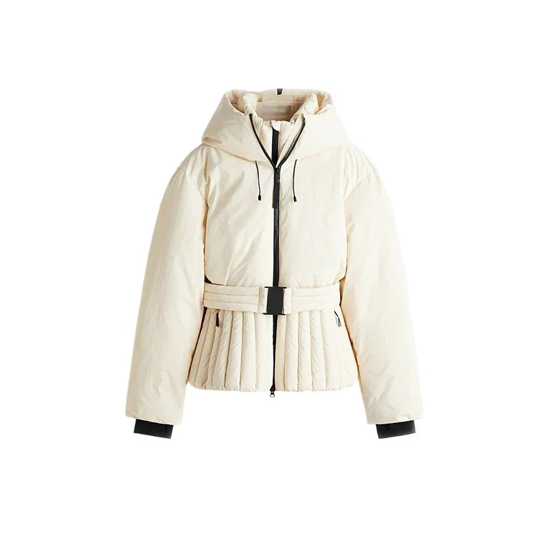 Women's hooded quilted ski jacket with belted waist and long sleeves