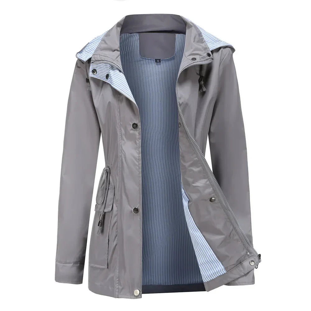 Women's hooded waterproof trench coat with long sleeves, zip front and striped lining