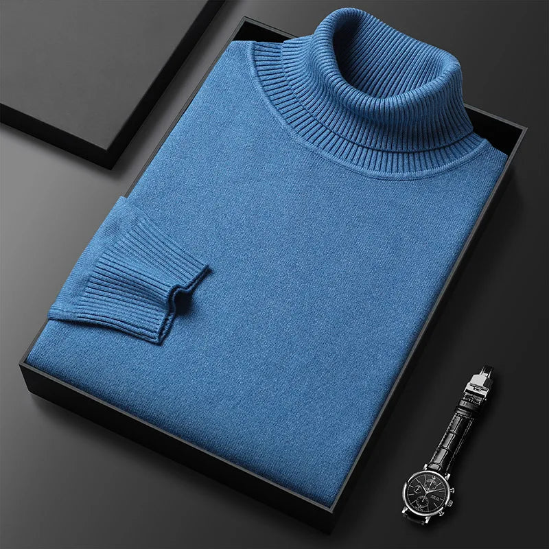 Men's plain ribbed turtleneck sweater folded in a presentation box