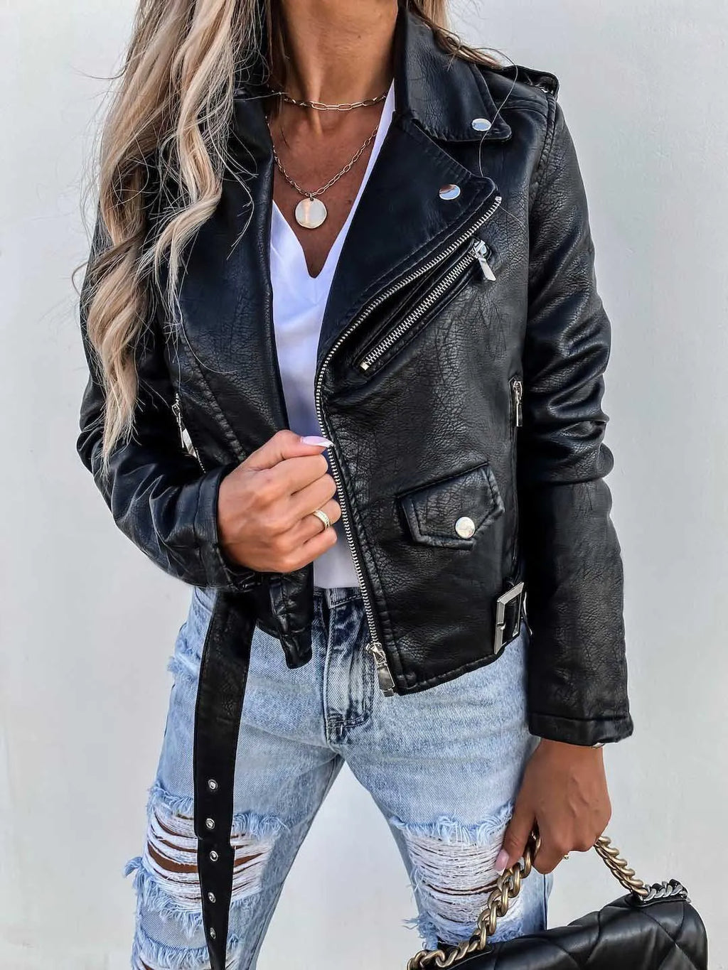 Women's textured biker jacket with asymmetric zip, notched collar and buckled waist belt
