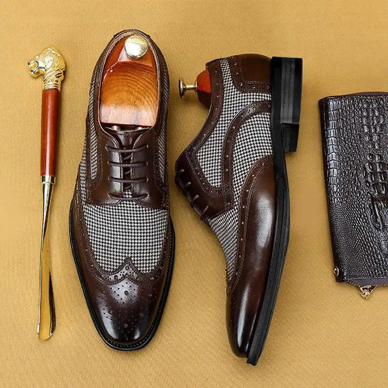 Men's brogue Oxford shoes with wingtip detailing and houndstooth panels