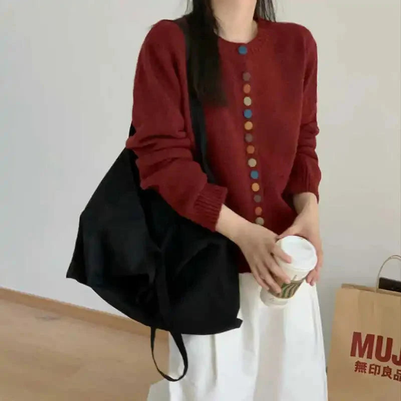 Women's long-sleeve button front cardigan with ribbed trims and multicoloured buttons