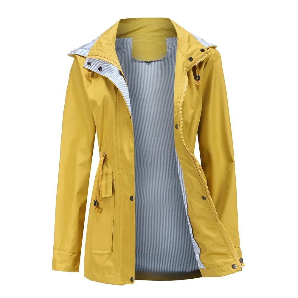 Women's hooded waterproof trench coat with long sleeves, zip front and striped lining