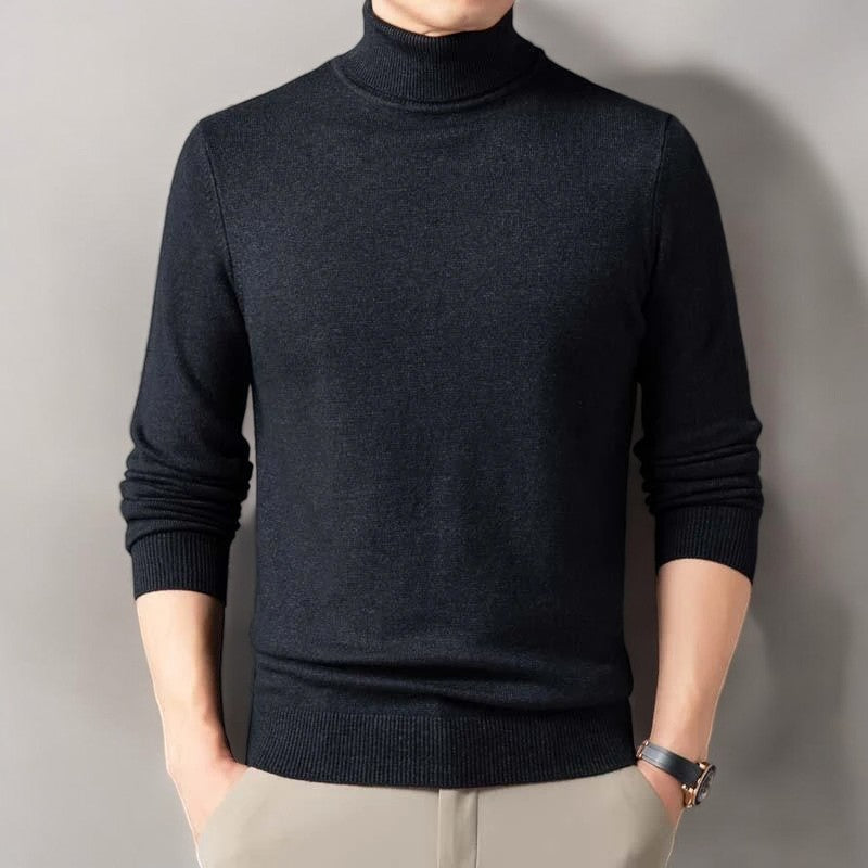 Men's plain ribbed turtleneck sweater folded in a presentation box