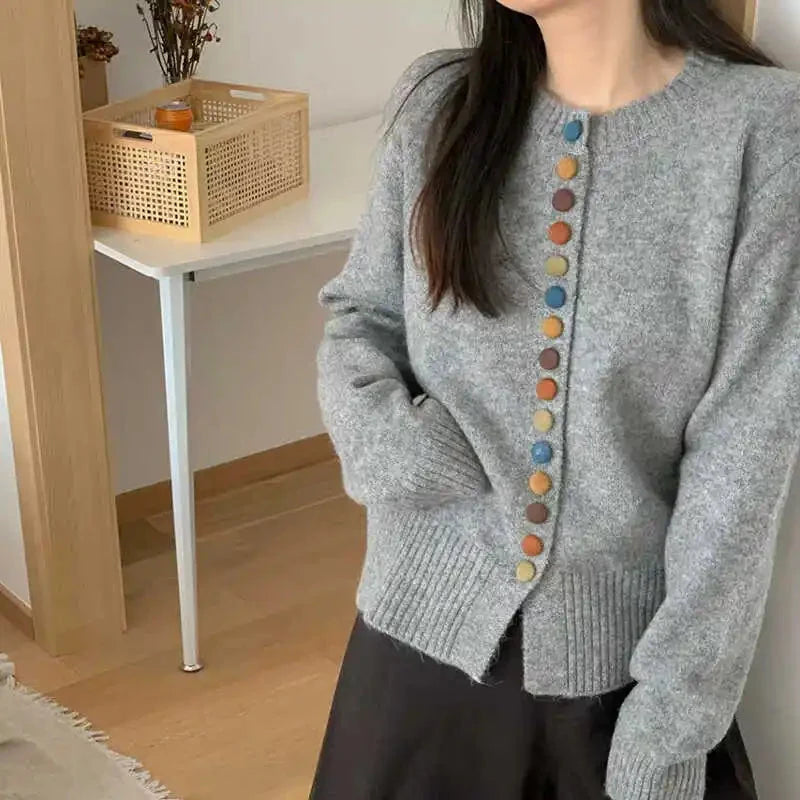 Women's long-sleeve button front cardigan with ribbed trims and multicoloured buttons