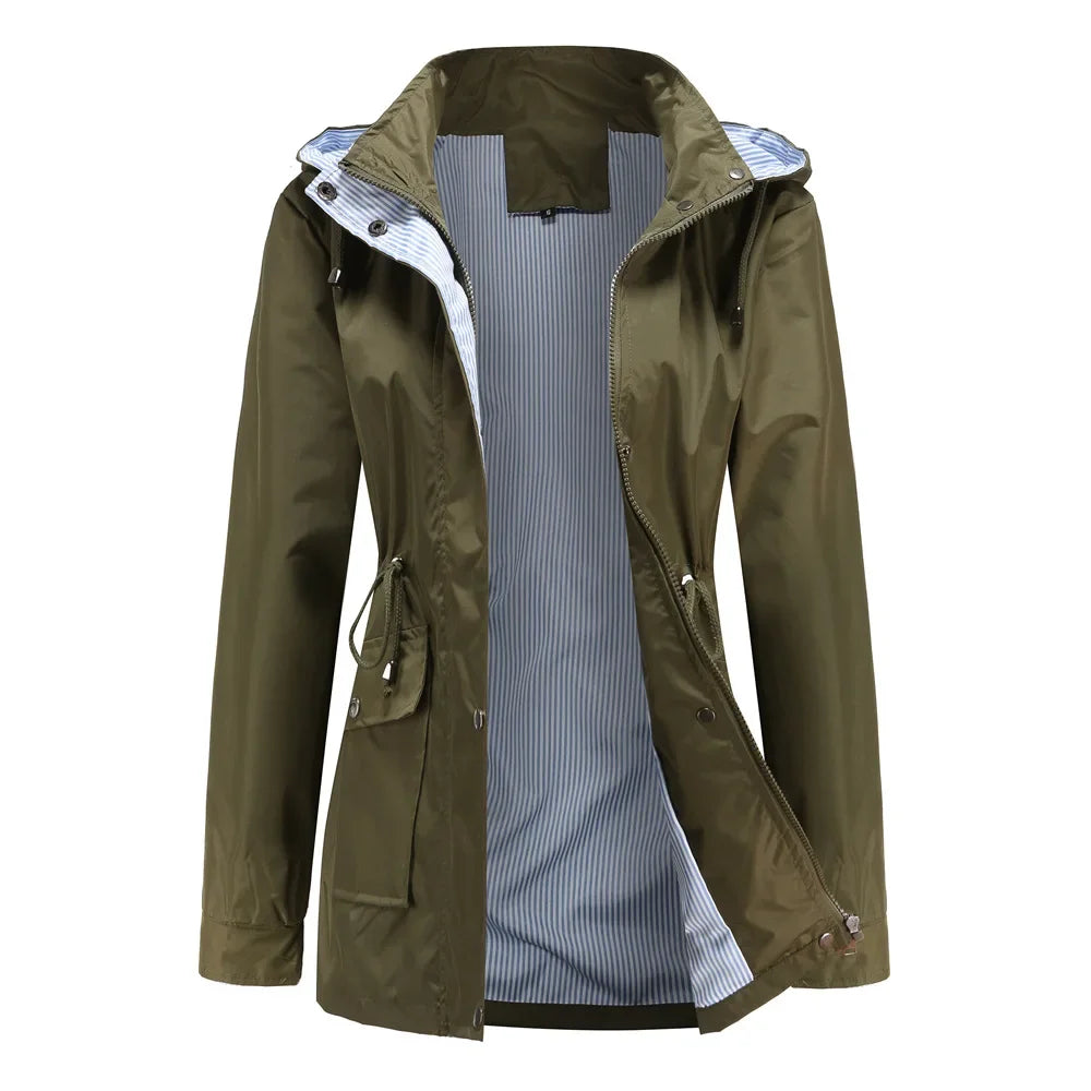 Women's hooded waterproof trench coat with long sleeves, zip front and striped lining