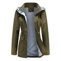 Women's hooded waterproof trench coat with long sleeves, zip front and striped lining
