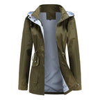 Women's hooded waterproof trench coat with long sleeves, zip front and striped lining