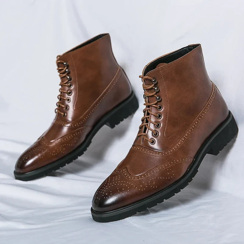 Men's ankle brogue boots with lace-up fronts, perforated detailing and low heels