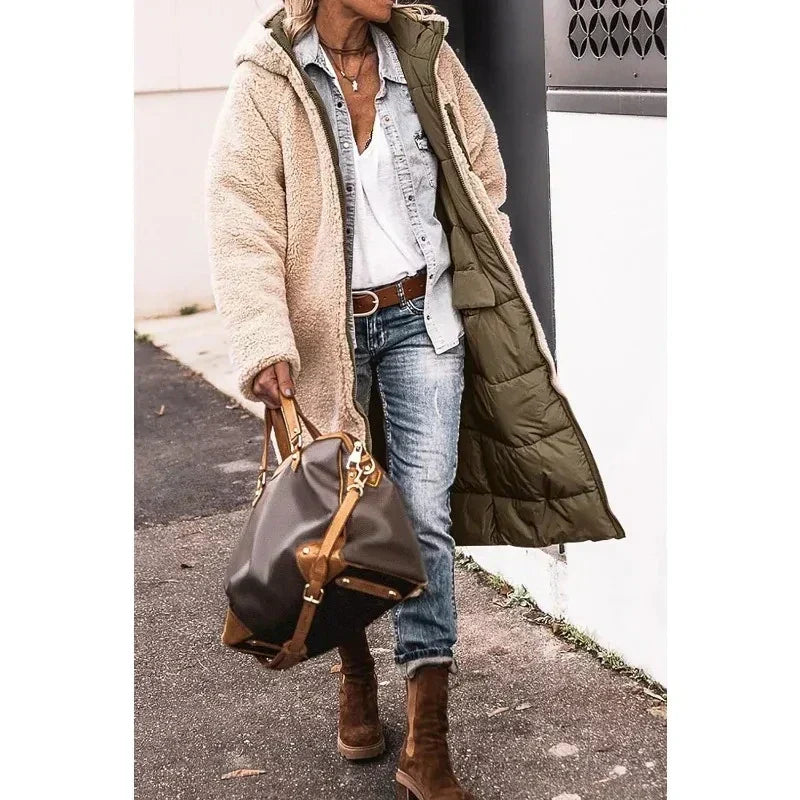 Women's long quilted hooded coat with contrasting textured trim and side pockets