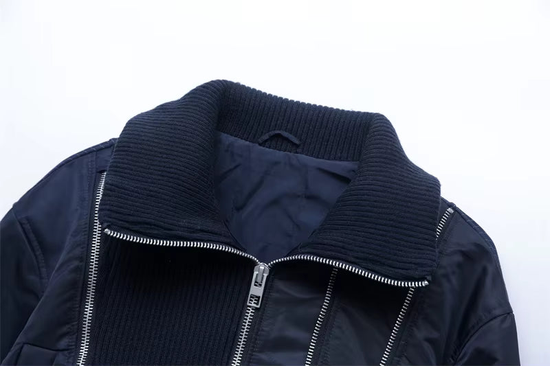 Women's navy cropped bomber jacket with ribbed collar and full zip