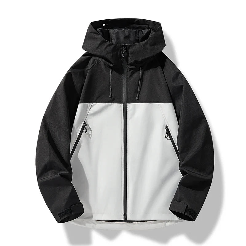 Men's hooded shell jacket with zip front and angled zipped pockets