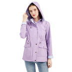 Women's hooded waterproof trench coat with long sleeves, zip front and striped lining
