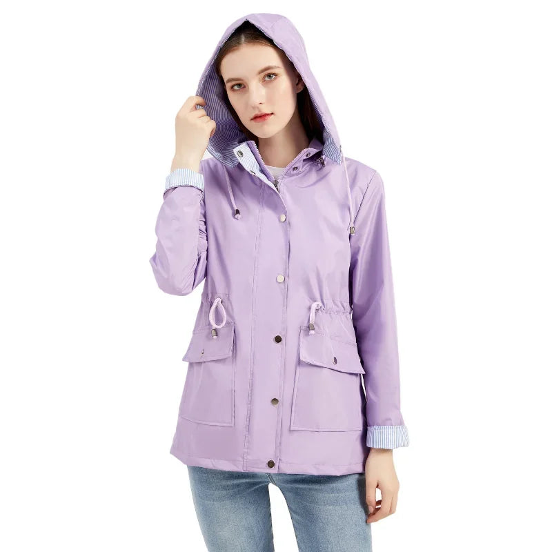 Women's hooded waterproof trench coat with long sleeves, zip front and striped lining