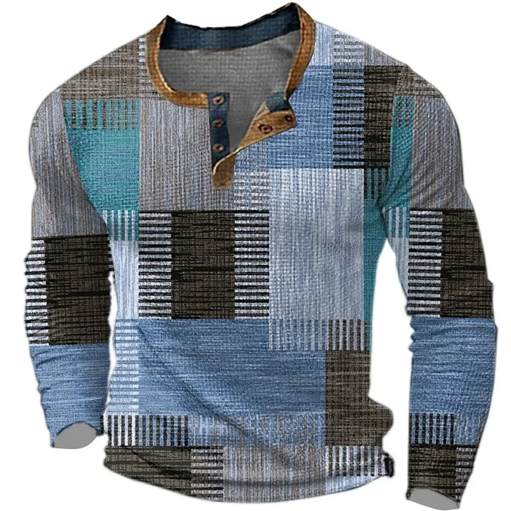 Men's long-sleeve geometric patchwork Henley shirt with button placket