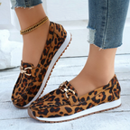 Women's leopard print loafers with chain trim and flat soles