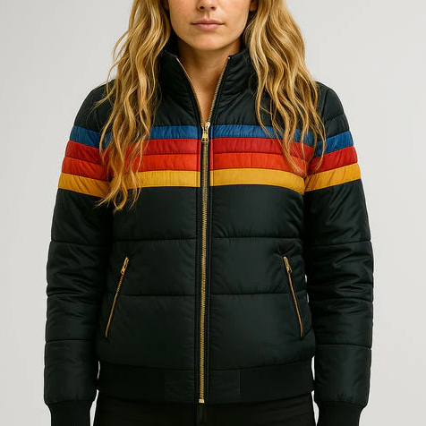 Women's hooded puffer jacket with multicoloured striped panels and zipped pockets
