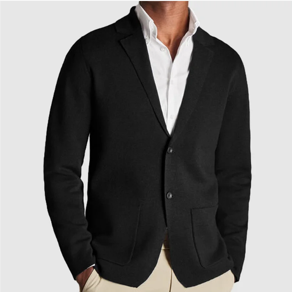 Men's plain knitted blazer cardigan with notched lapels, long sleeves and front patch pockets