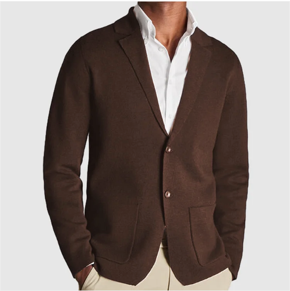 Men's plain knitted blazer cardigan with notched lapels, long sleeves and front patch pockets