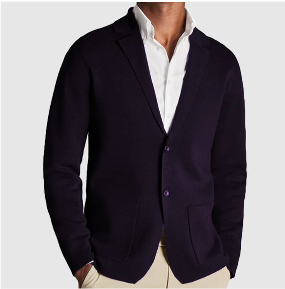 Men's plain knitted blazer cardigan with notched lapels, long sleeves and front patch pockets