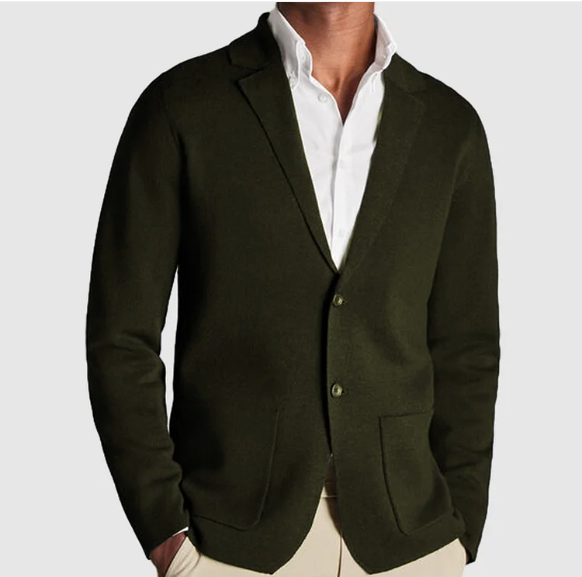Men's plain knitted blazer cardigan with notched lapels, long sleeves and front patch pockets