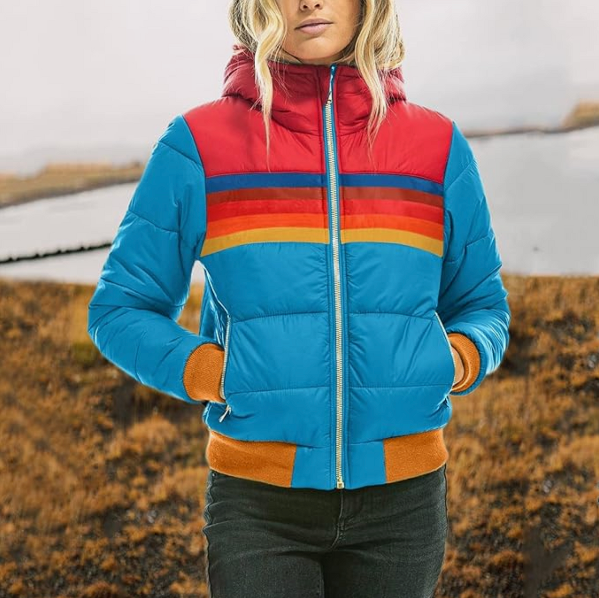 Women's hooded quilted jacket with horizontal multicoloured stripes