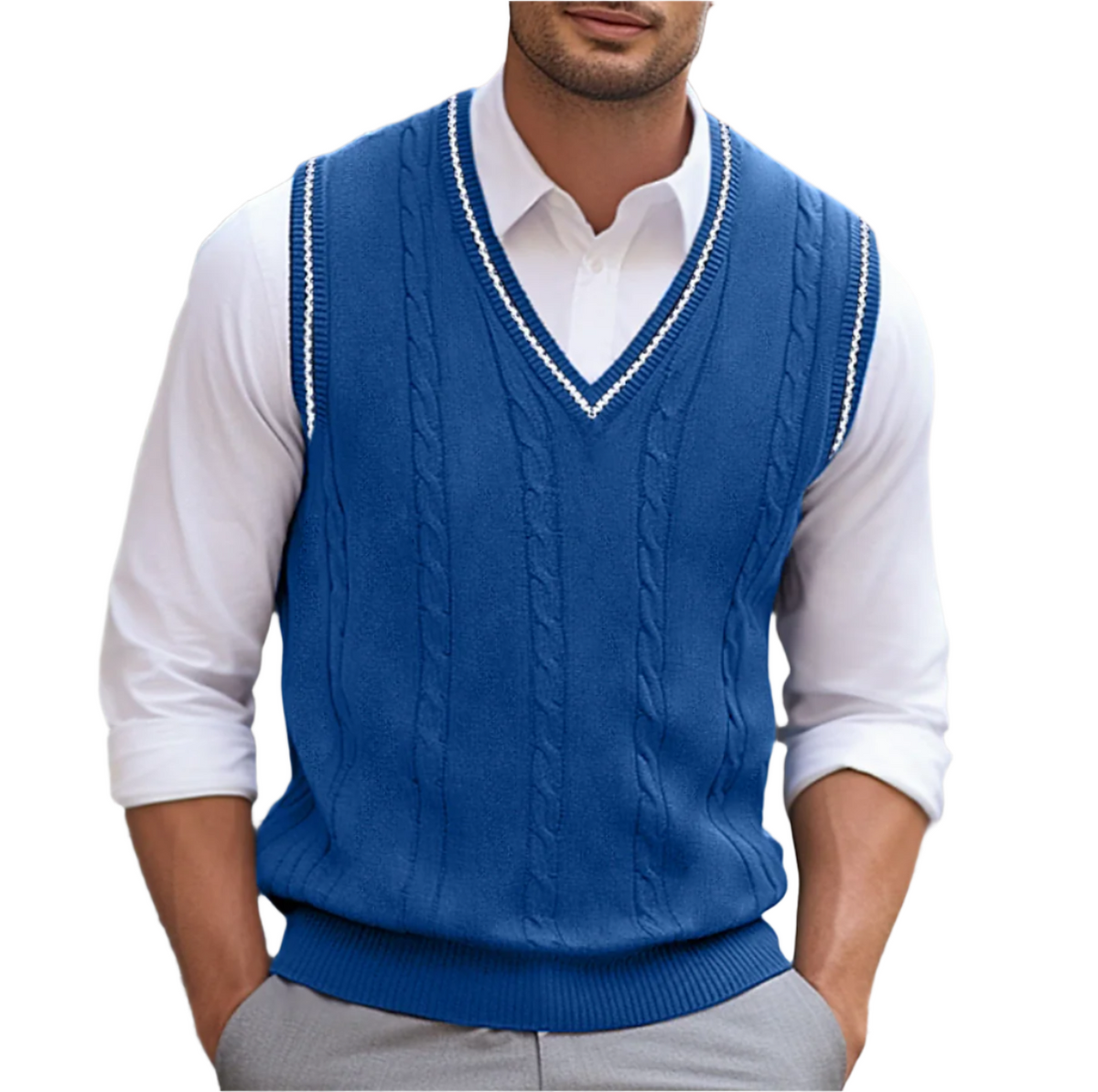 Men's sleeveless cable knit V-neck jumper vest with contrast trim