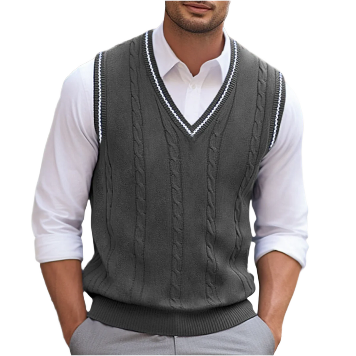 Men's sleeveless cable knit V-neck jumper vest with contrast trim