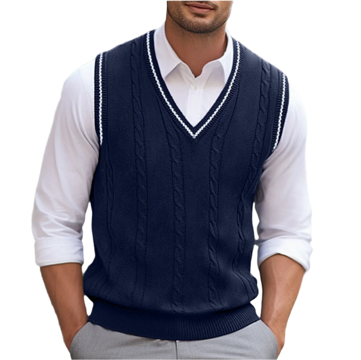 Men's sleeveless cable knit V-neck jumper vest with contrast trim