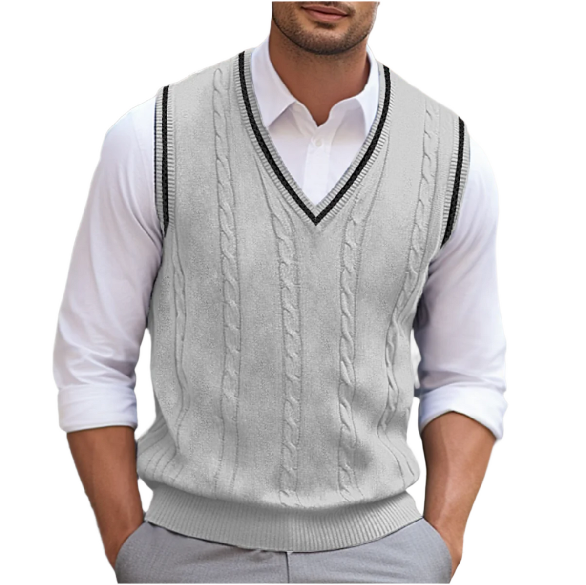 Men's sleeveless cable knit V-neck jumper vest with contrast trim