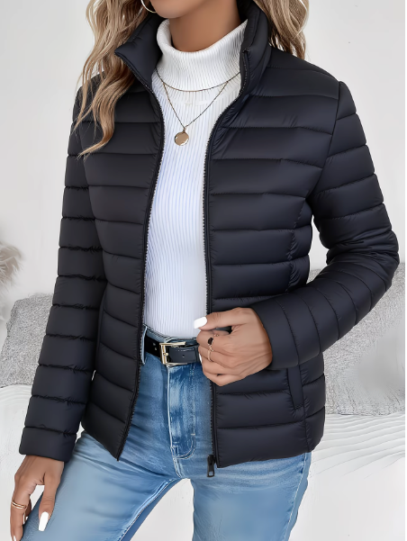 Women's quilted padded jacket with high collar and zip fastening