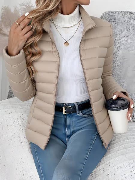 Women's quilted padded jacket with high collar and zip fastening
