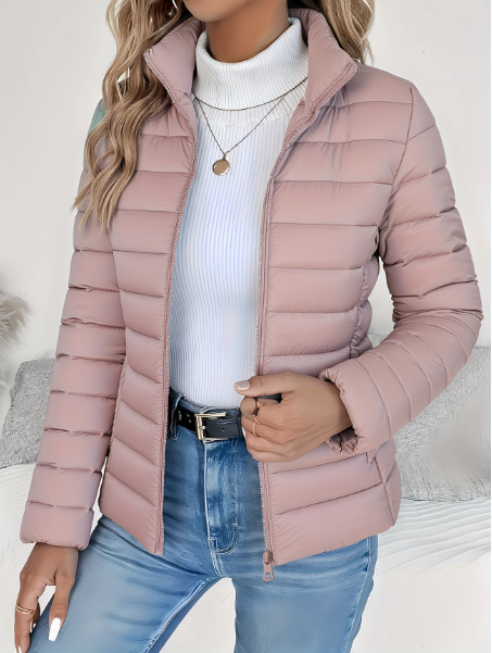Women's quilted padded jacket with high collar and zip fastening
