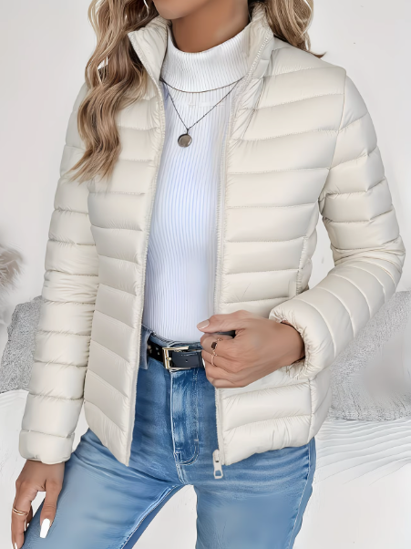 Women's quilted padded jacket with high collar and zip fastening