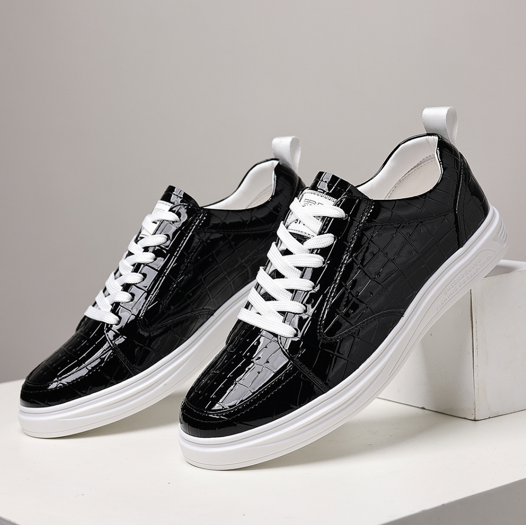 Croc-embossed lace-up trainers with white soles