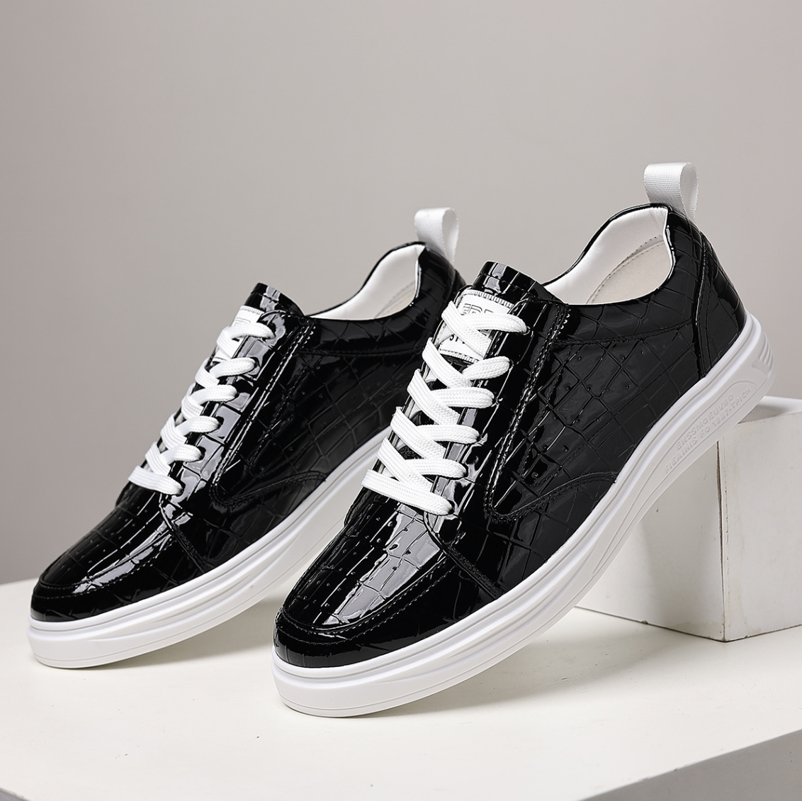 Croc-embossed lace-up trainers with white soles