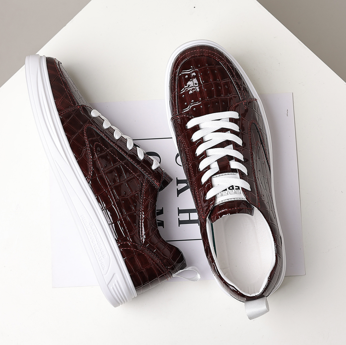 Croc-embossed lace-up trainers with white soles